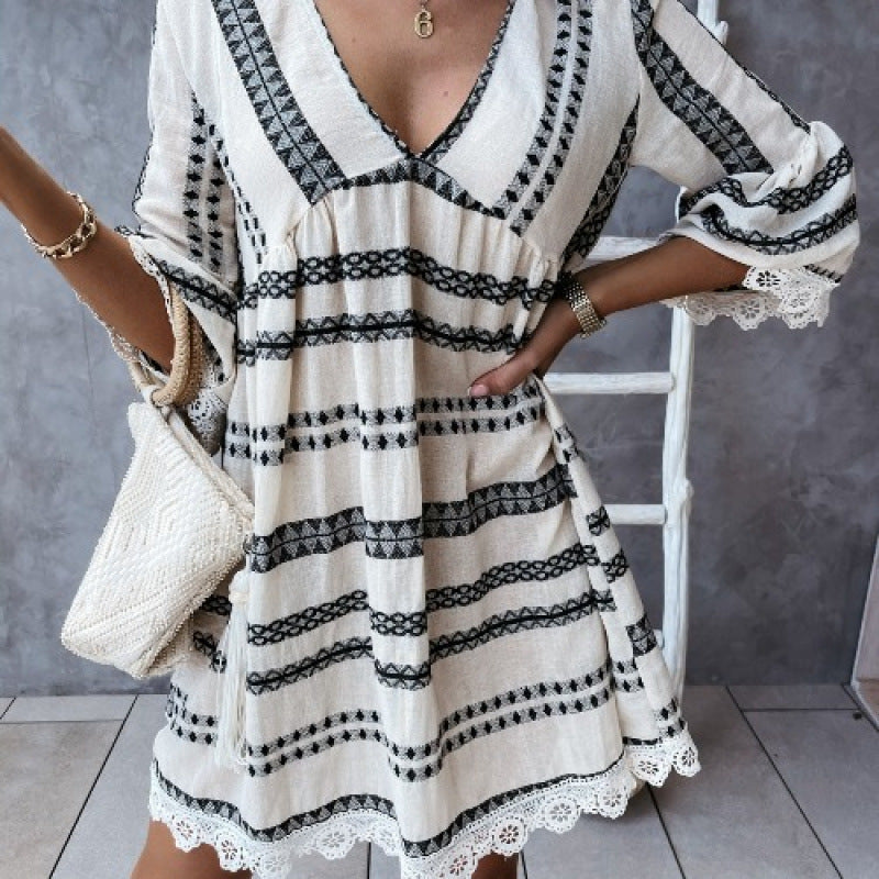 Damen Bohemian-Stil Schlagärmel Mini Kleid