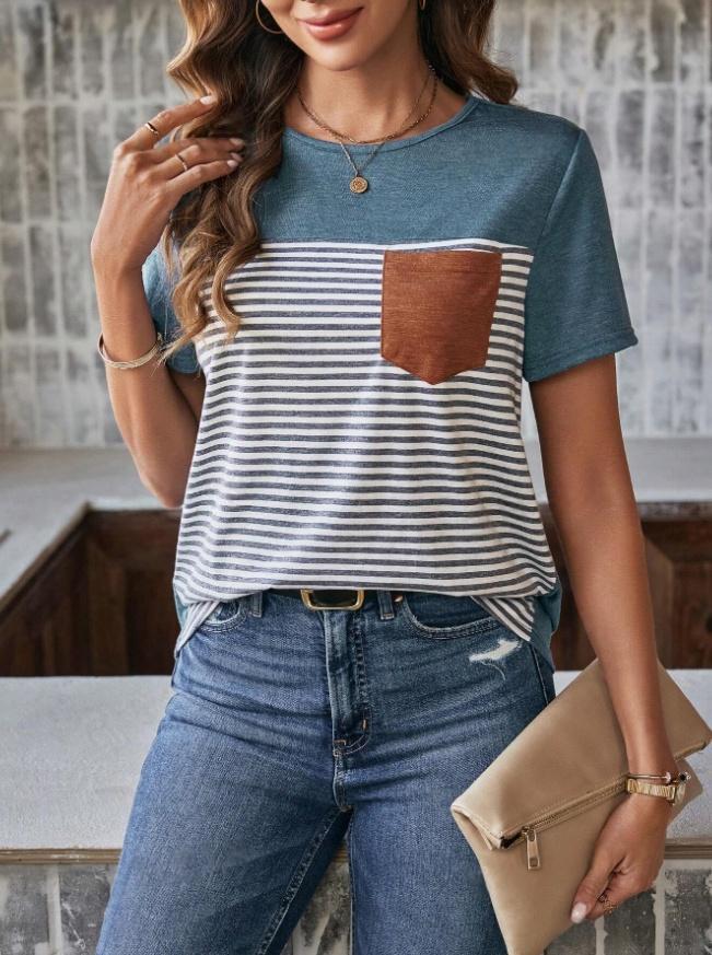 Damen Trendiges T-Shirt mit gestreiftem Design und Leder-Tasche