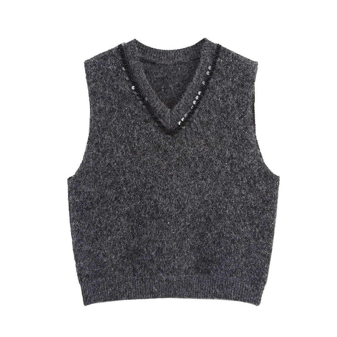 Damen Ärmellose Mohairoptik Strickweste mit V-Ausschnitt und Zierpailletten Shop Nory