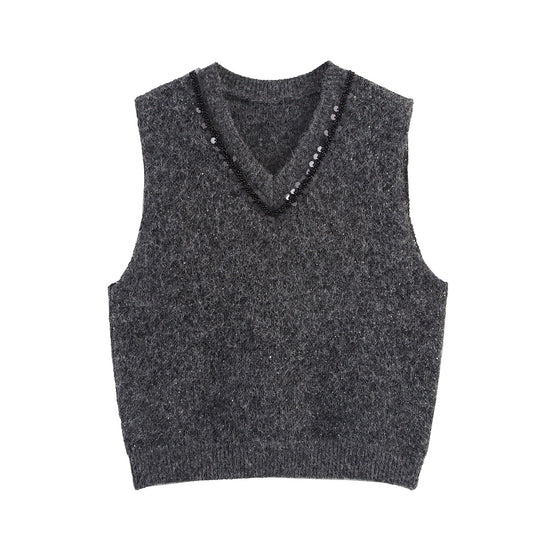 Damen Ärmellose Mohairoptik Strickweste mit V-Ausschnitt und Zierpailletten Shop Nory