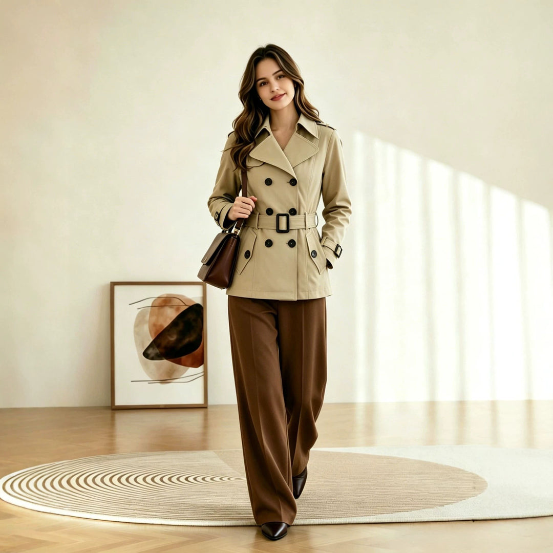 Damen Kurztaillierter Doppelreihiger Trenchcoat mit markanter Gürtelschnalle Shop Nory