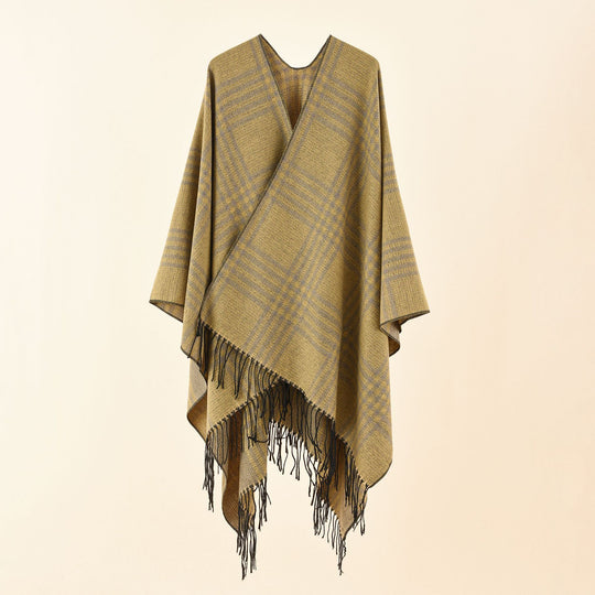 Damen Ruana-Poncho mit V‑Ausschnitt, kastigem Kimono-Fall und Fransensaum Shop Nory