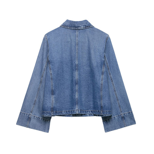Damen Cropped Oversize-Jeansjacke mit großen aufgesetzten Taschen und sichtbarer Knopfleiste Shop Nory