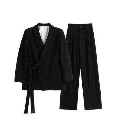 Damen Asymmetrisches Wickel-Blazer-Set mit Bindegürtel und weitem Bundfaltenhose Shop Nory