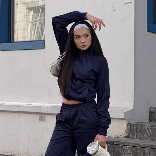 Damen Cropped-Trainingsjacke und hochtaillierte Jogginghose Set aus funktionalem Polyester Shop Nory