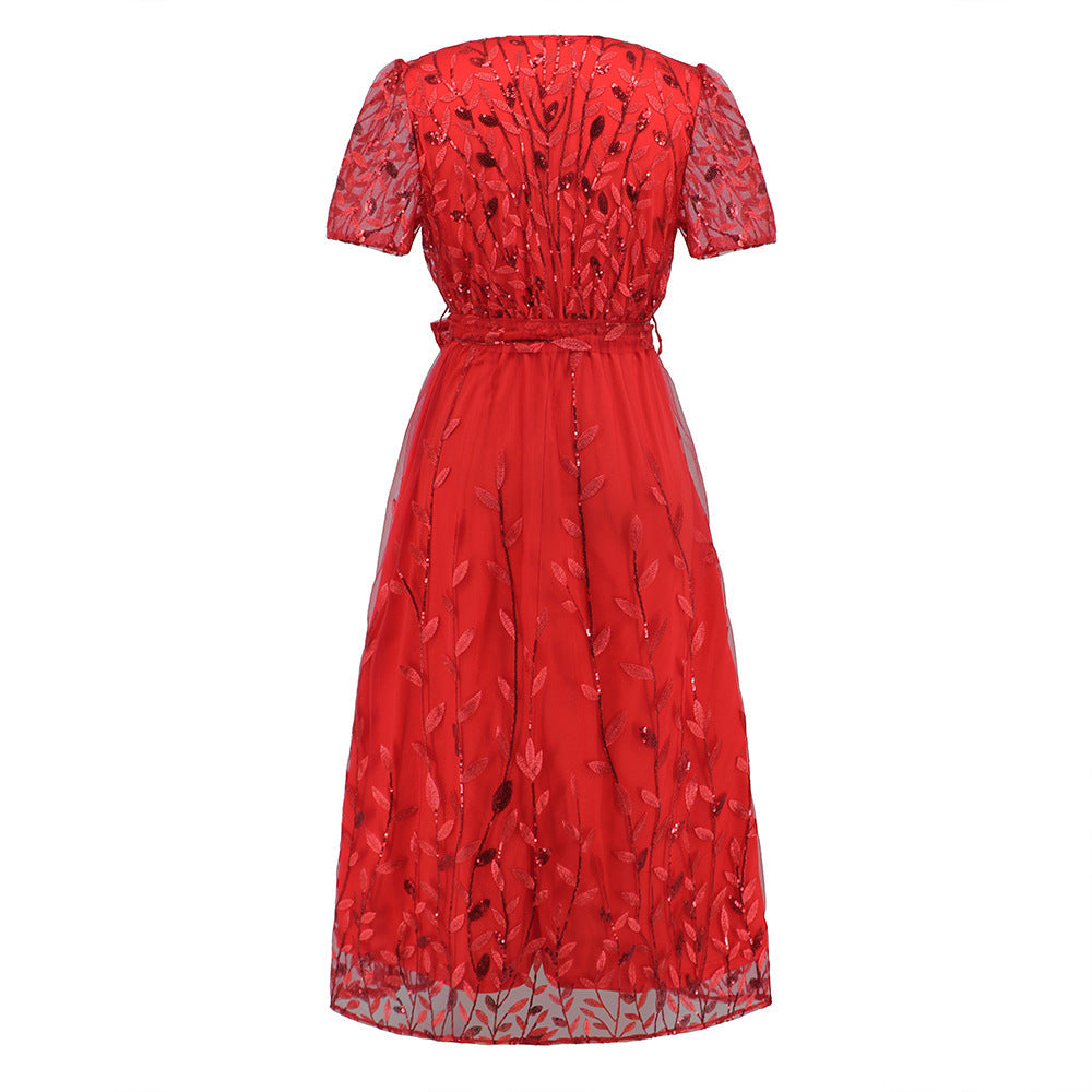 Kurzärmliges Kreuz V-Ausschnitt Gürtel Midi Kleid