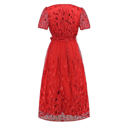 Kurzärmliges Kreuz V-Ausschnitt Gürtel Midi Kleid
