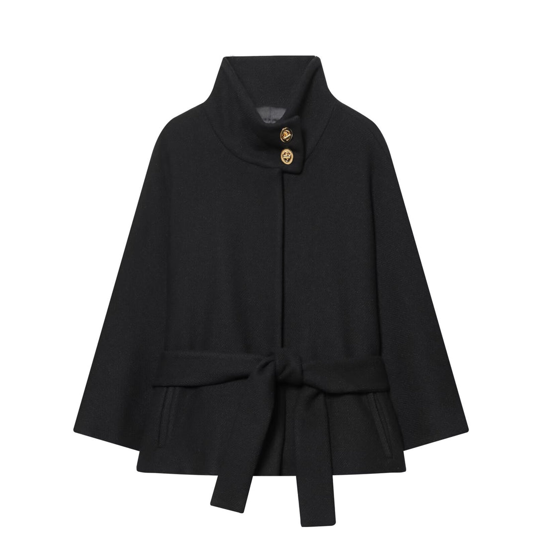 Damen Cape-Mantel mit Stehkragen, Bindegürtel und dekorativen Zierknöpfen Shop Nory