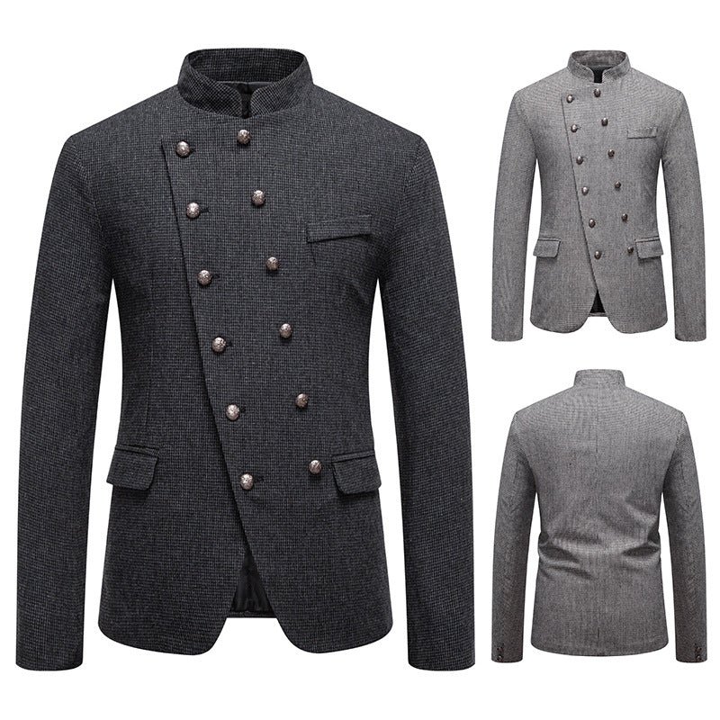 Herren Doppelreihiges Sakko im Military‑Stil mit Stehkragen und feiner Hahnentrittstruktur Shop Nory