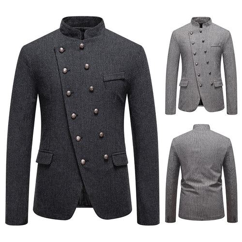 Herren Doppelreihiges Sakko im Military‑Stil mit Stehkragen und feiner Hahnentrittstruktur Shop Nory