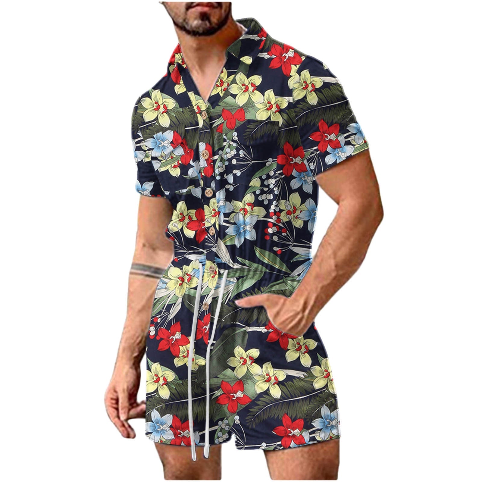 Herren Kurzoverall mit lShopnoryhaftem Blumenmuster Shopnory