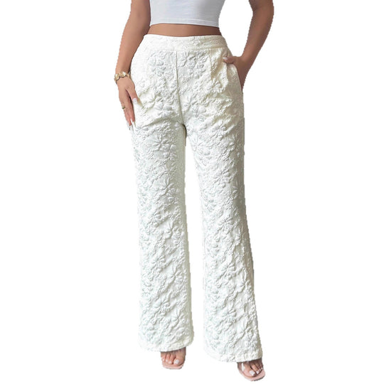 Damen hochgeschnittene Jacquard-Hose mit floralem Stickmuster, weitem Beinschnitt und Eingrifftaschen Shop Nory