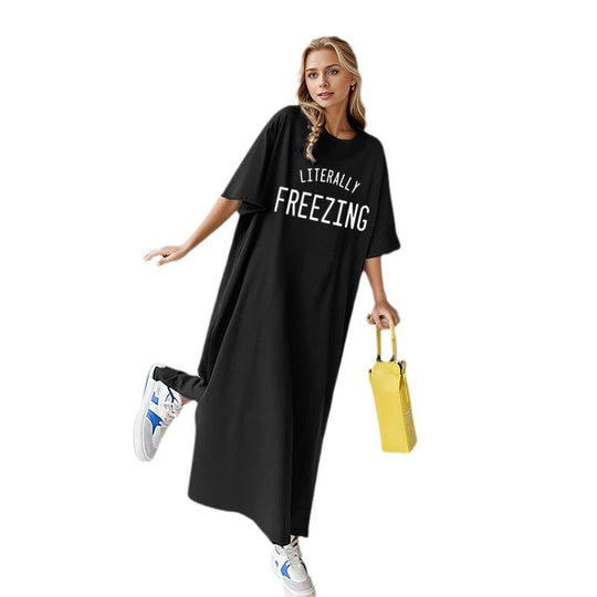 Damen nan lässiges Oversize Maxi-T-Shirt-Kleid mit Rundhals und Statement-Print Shop Nory