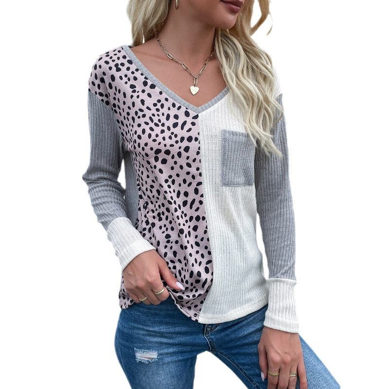 Damen Patchwork-Langarmshirt mit V-Ausschnitt, Rippenstruktur und Animal-Print Shop Nory