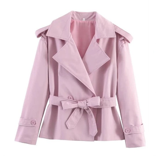 Damen Kurztrench mit doppelreihiger Knopfleiste, Taillengürtel und Schulterklappen Shop Nory