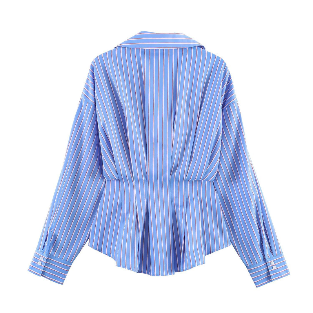 Damen Gestreifte Oversize-Bluse mit taillierenden Raffungen und Hemdkragen Shop Nory