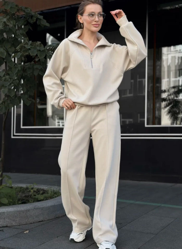 Damen Oversize-Halbreißverschluss-Sweatshirt mit weit geschnittener hochgeschnittener Palazzo-Hose Shop Nory