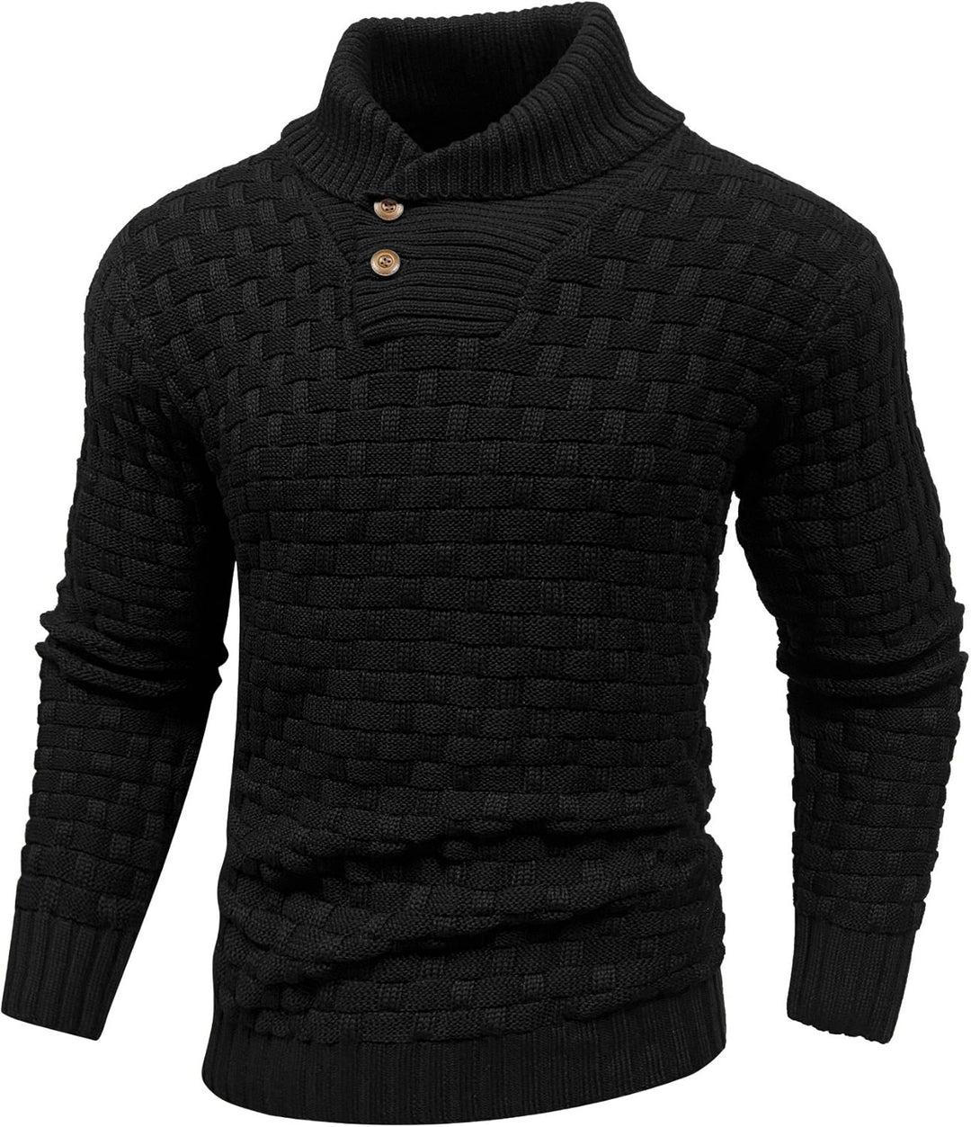 Herren Grobgestrickter Pullover mit hohem Rollkragen, Knopfleiste und Körbchenstrick Shop Nory