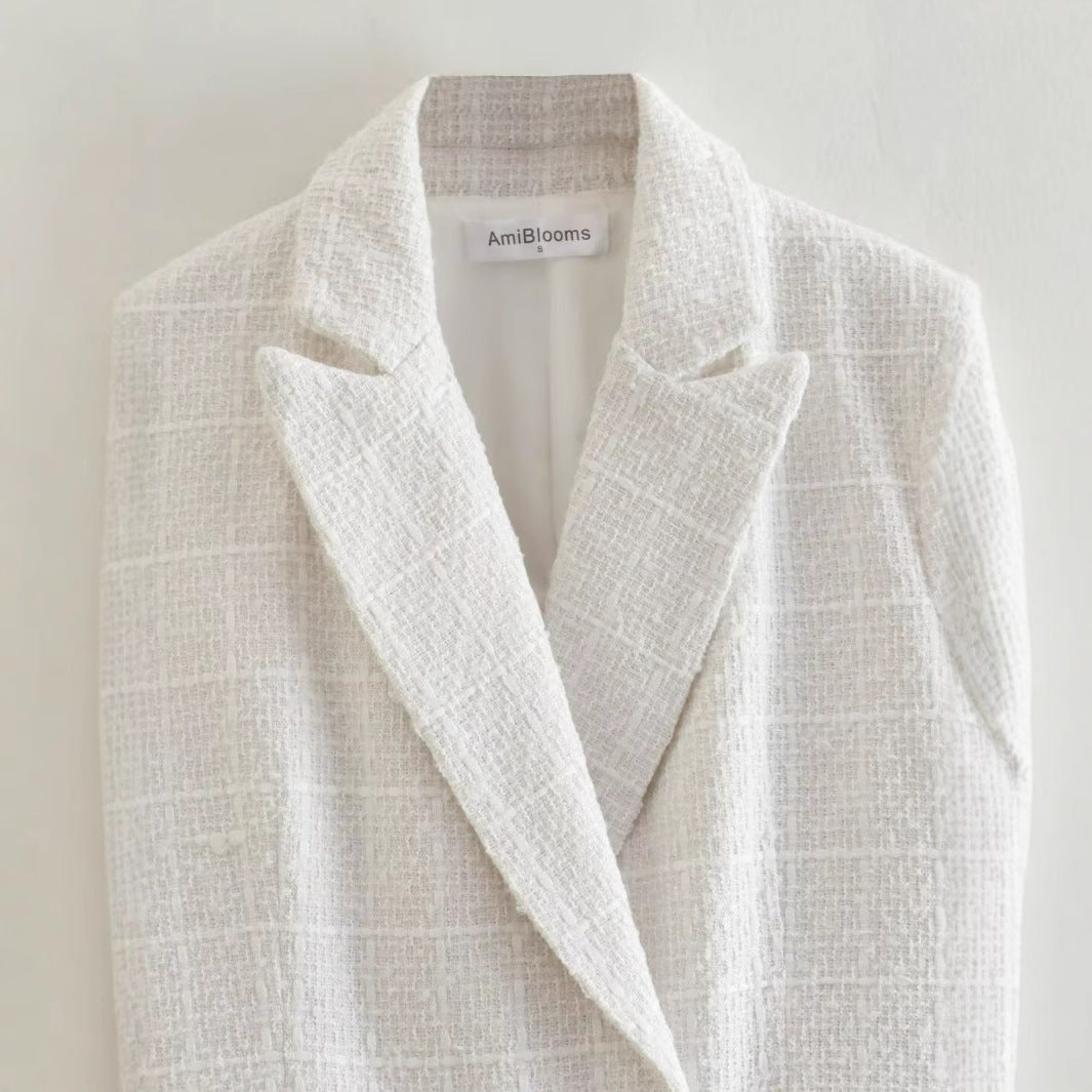 Damen Doppelreihiger Bouclé‑Tweed‑Blazer mit Schalkragen und Pattentaschen Shop Nory
