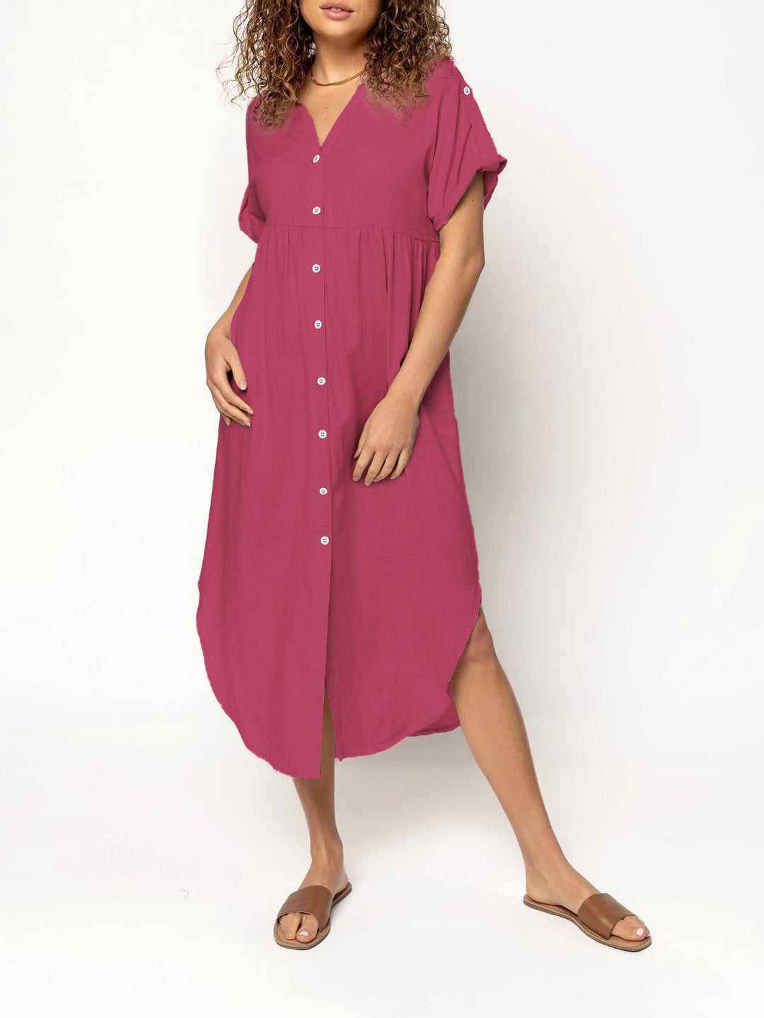 Damen Midikleid mit Knopfleiste, V‑Ausschnitt und legerer Babydoll-Passform Shop Nory