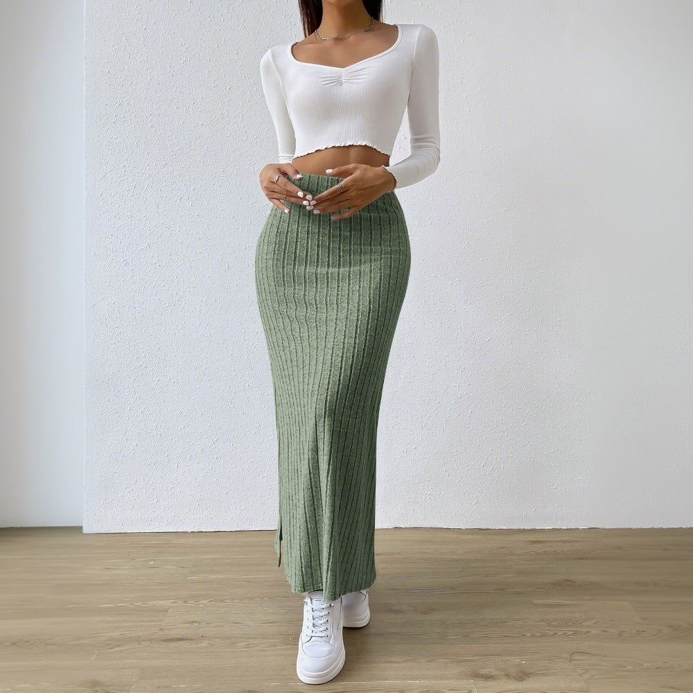 Damen gerippter Midirock mit hohem Bund und figurumspielender A-Linie Shop Nory