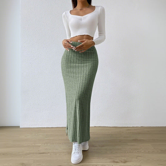 Damen gerippter Midirock mit hohem Bund und figurumspielender A-Linie Shop Nory
