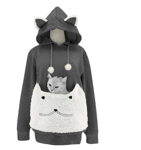 Damen Kuscheliger Kapuzenpullover mit Katzenmotiv und praktischer Känguru-Tasche