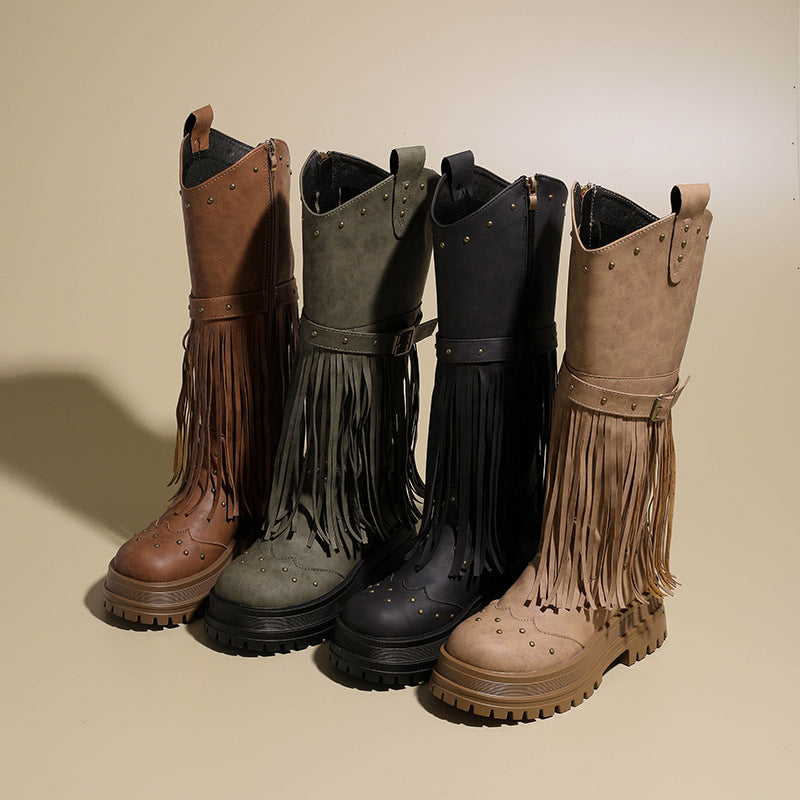 Damen Overknee-Stiefel mit modischem Fransen-Design und robustem Profil