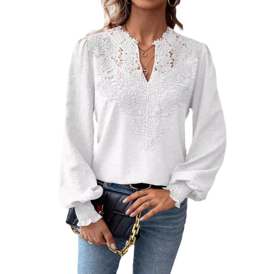 Damen Bluse mit Spitzen‑Plastron, V‑Ausschnitt und ballonartigen Ärmeln Shop Nory