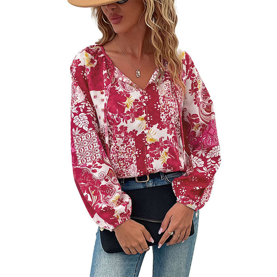 Damen Patchwork-Bluse mit V-Ausschnitt, BindShop Noryändern und Ballonärmeln Shop Nory