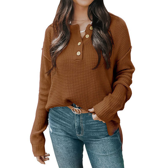 Damen nan lockerer Waffelstruktur Henley Pullover mit Knopfleiste und überschnittener Schulter Shop Nory