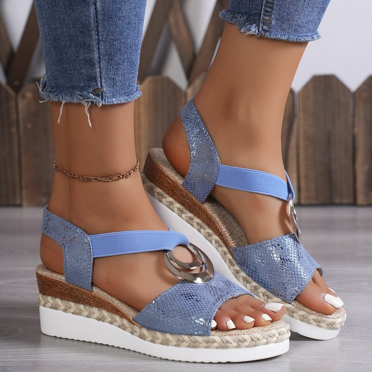 Damen Keil-Sandalen mit Bast-Plateau, elastischem Riemen und Zier-Öse Shop Nory