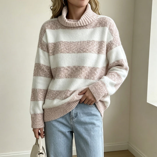 Damen Rollkragenpullover mit breiten Streifen und strukturiertem Bouclé-Strick Shop Nory