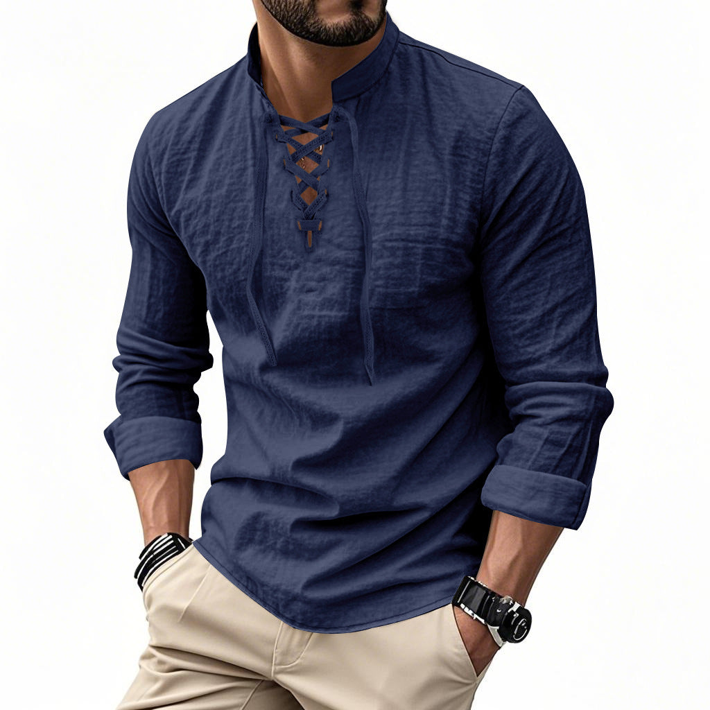 Herren nan Leinenoptik Langarmshirt mit Schnürung V-Ausschnitt und Stehkragen Shop Nory