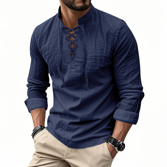 Herren nan Leinenoptik Langarmshirt mit Schnürung V-Ausschnitt und Stehkragen Shop Nory
