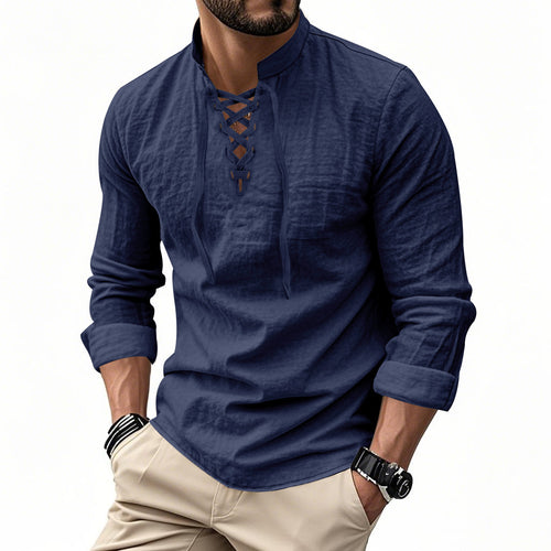 Herren nan Leinenoptik Langarmshirt mit Schnürung V-Ausschnitt und Stehkragen Shop Nory