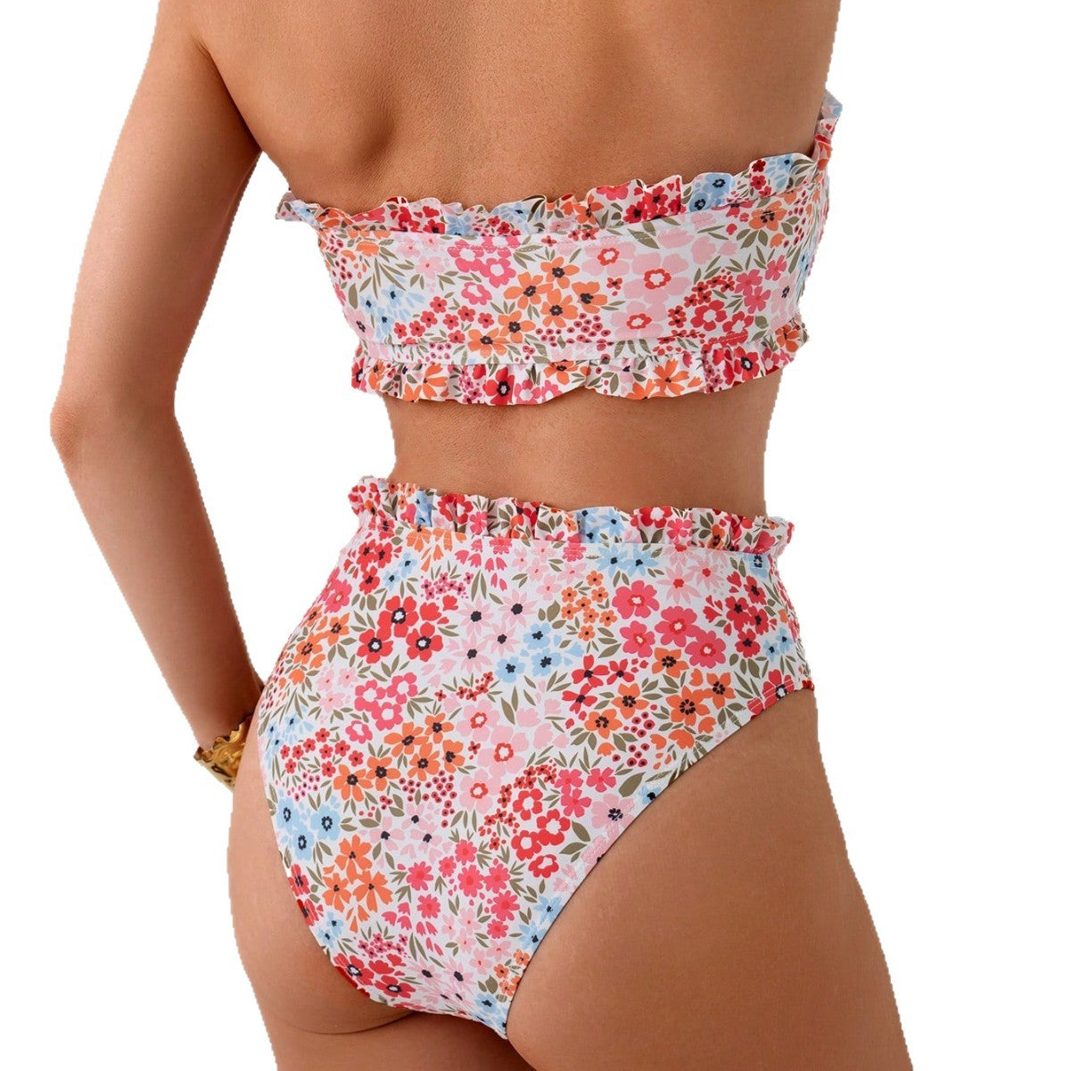 Damen Bandeau-Bikini mit floralem Rüschendesign