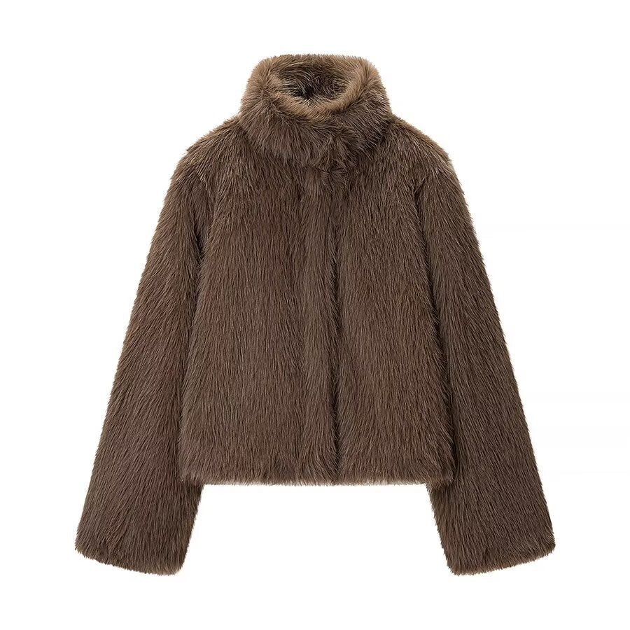 Damen Kurze Kunstfelljacke mit hohem Stehkragen und Oversized‑Silhouette Shop Nory
