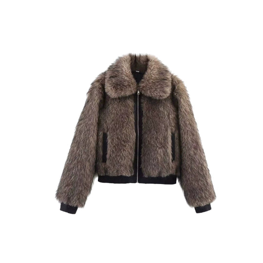 Damen Kurze Kunstpelz-Bomberjacke mit voluminösem Schalkragen und Reißverschluss Shop Nory