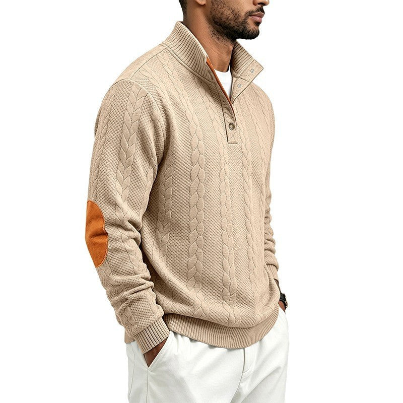 Herren Edler Zopfmuster-Strickpullover mit Kurzknopfleiste und Ellenbogenpatches Shop Nory