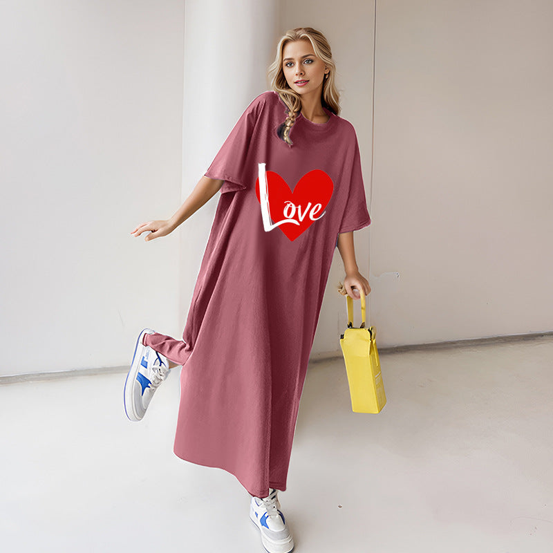 Damen nan locker geschnittenes Maxikleid mit großem Herzgrafikprint und Rundhalsausschnitt Shop Nory