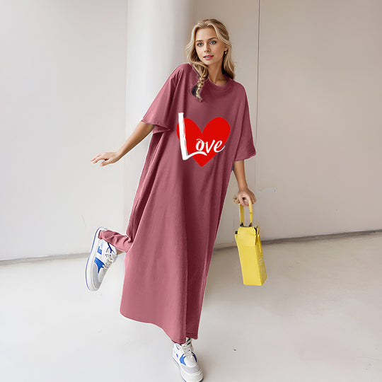 Damen nan locker geschnittenes Maxikleid mit großem Herzgrafikprint und Rundhalsausschnitt Shop Nory