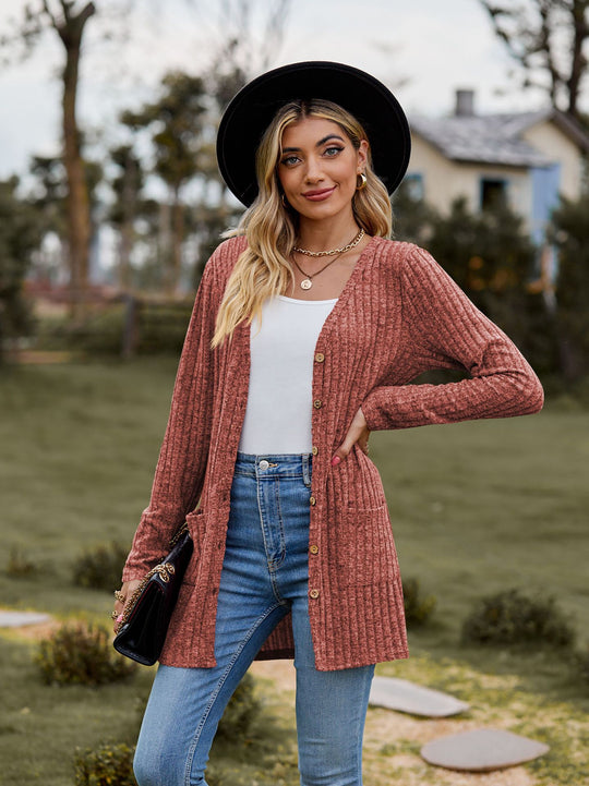 Damen Lang geschnittene Rippstrick‑Cardigan mit Knopfleiste und Eingrifftaschen Shop Nory