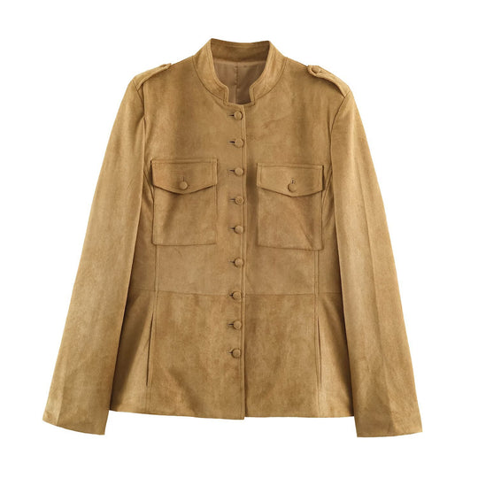 Damen Taillierte Veloursjacke im Fieldstil mit Stehkragen und Brustklappen Shop Nory