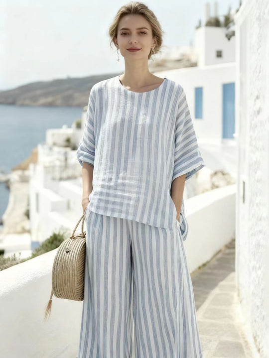 Damen Zweiteiliges gestreiftes Leinen‑Optik Lounge‑Set mit Oversize‑Bluse und High‑Waist Palazzo Shop Nory