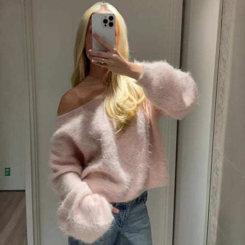Damen Oversized Strickpullover mit weitem Boatneck, Raglanärmeln und weicher Fluffy-Optik Shop Nory