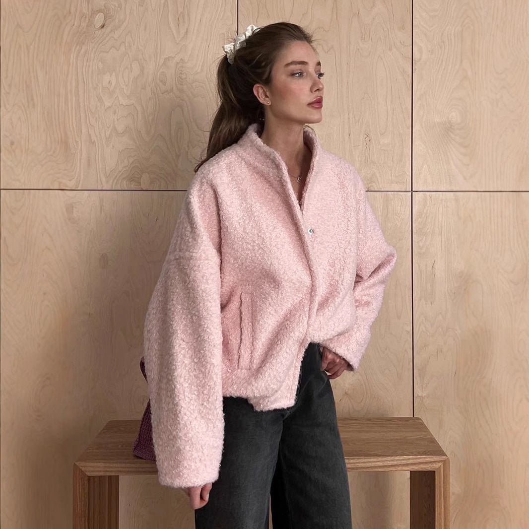 Damen Teddyjacke im Bouclé‑Look mit Rundhals, Oversized‑Passform und Eingrifftaschen Shop Nory