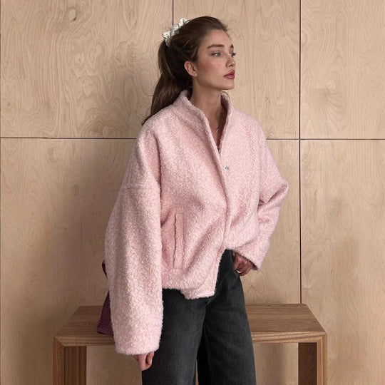 Damen Teddyjacke im Bouclé‑Look mit Rundhals, Oversized‑Passform und Eingrifftaschen Shop Nory