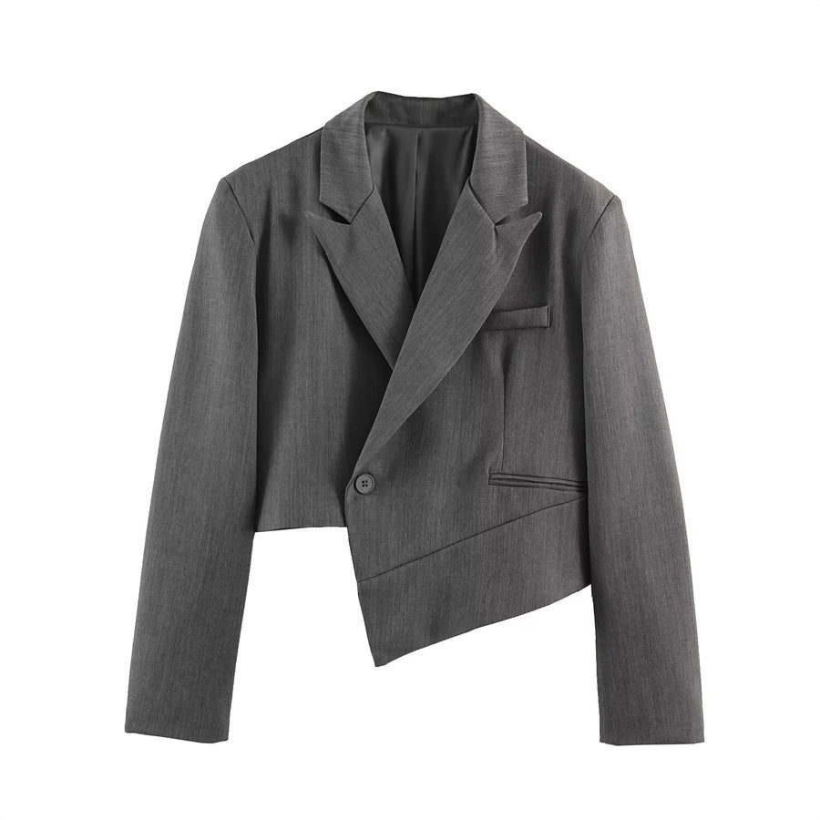 Damen Asymmetrischer Cropped-Blazer mit schräger Saumlinie und Reverskragen Shop Nory