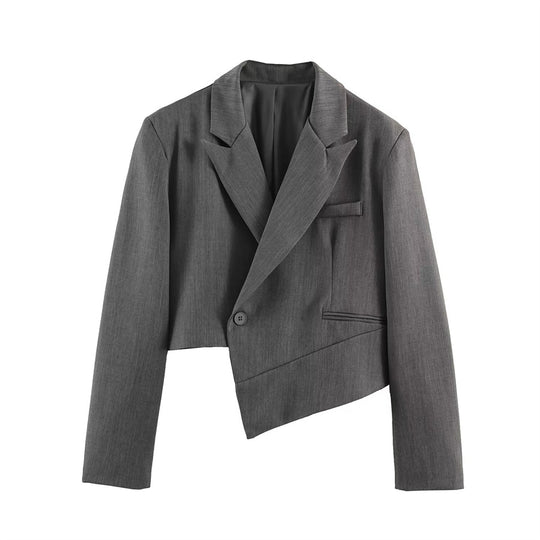 Damen Asymmetrischer Cropped-Blazer mit schräger Saumlinie und Reverskragen Shop Nory